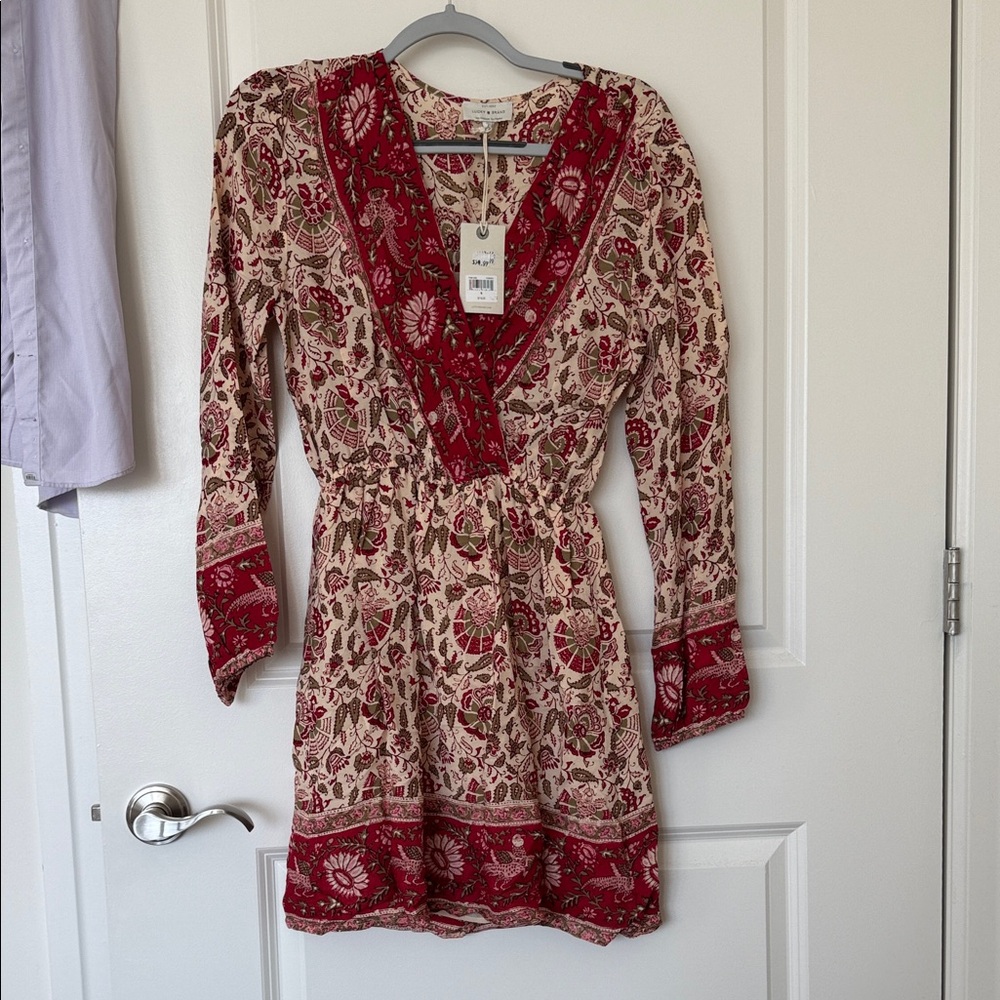 Lucky Brand Red and Cream Midi Sundress with Bishop Sleeves